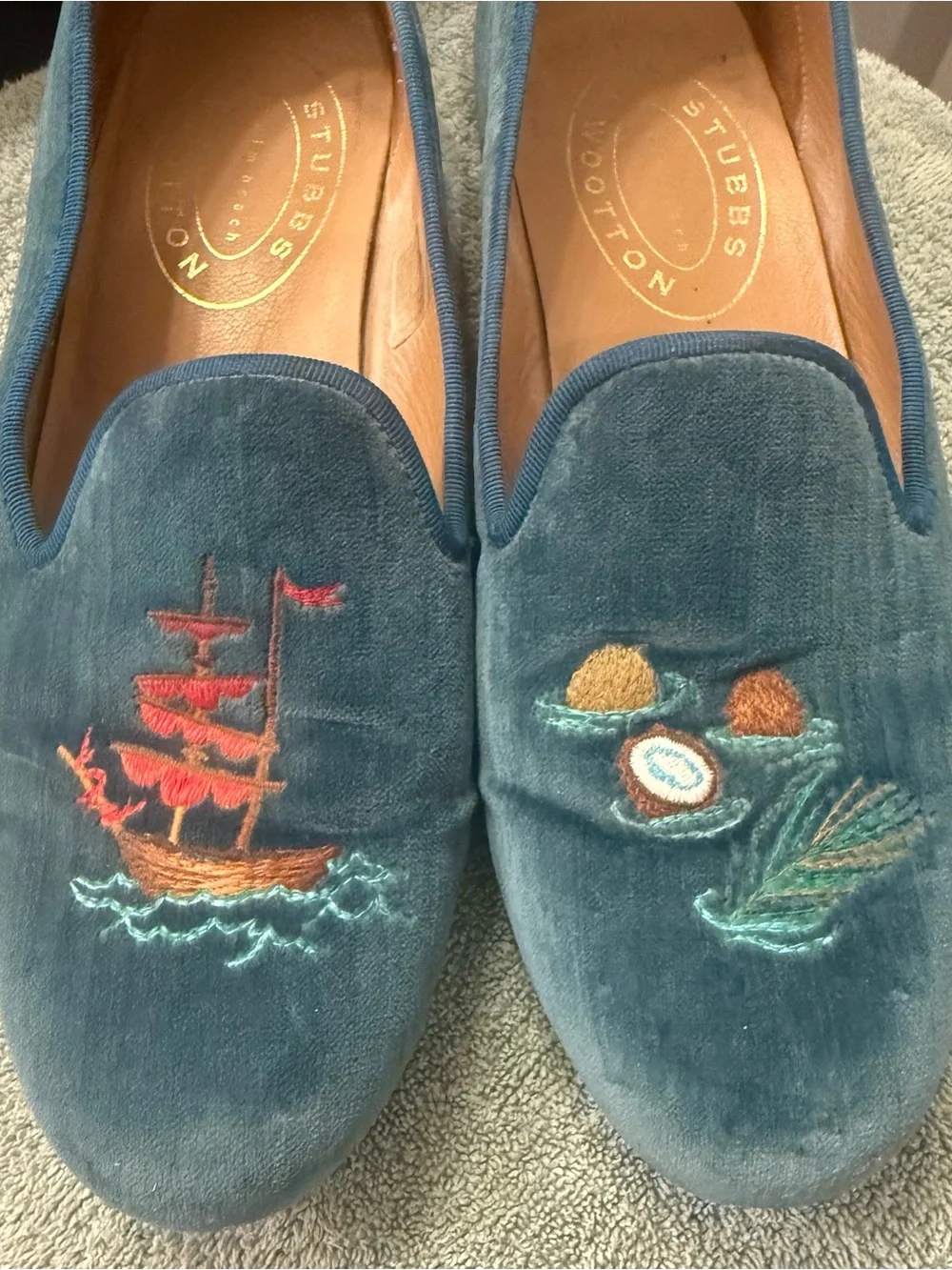 Stubbs & Wootton Blue Velvet Embroidered Smoking Loafers Men’s 9.5 Made Spain